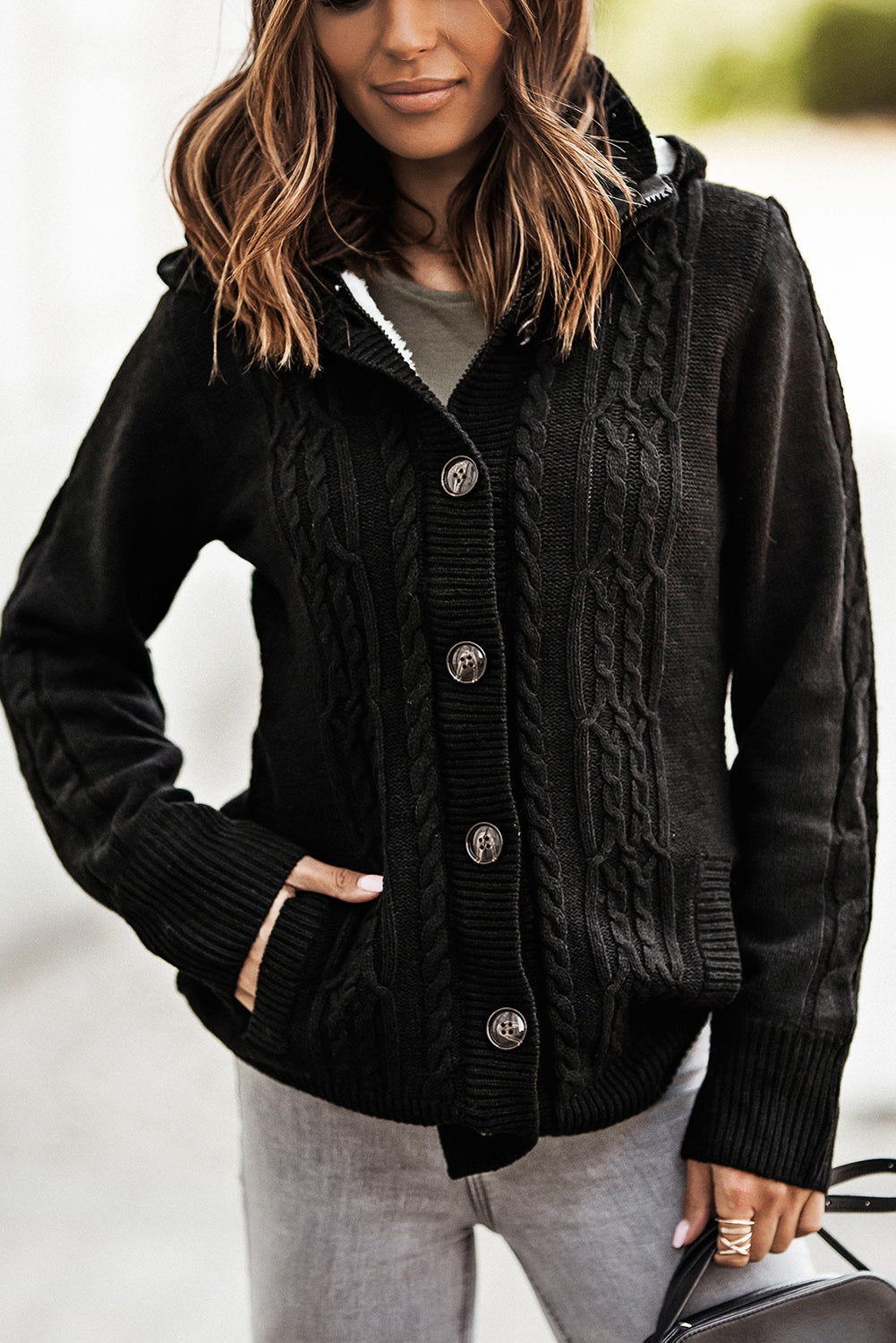 Dark Grey Long Sleeve Button-up Hooded Cardigans eAura