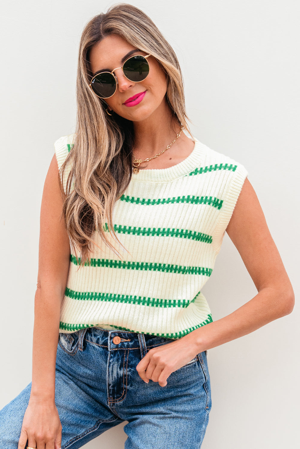 Bright Green Striped Round Neck Casual Sweater Vest eAura