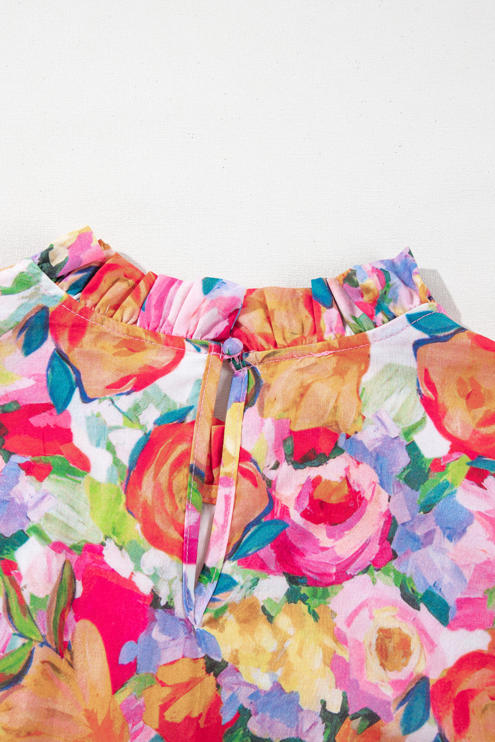 Multicolour Lace Trim Ruffle Short Sleeve Floral Blouse eAura