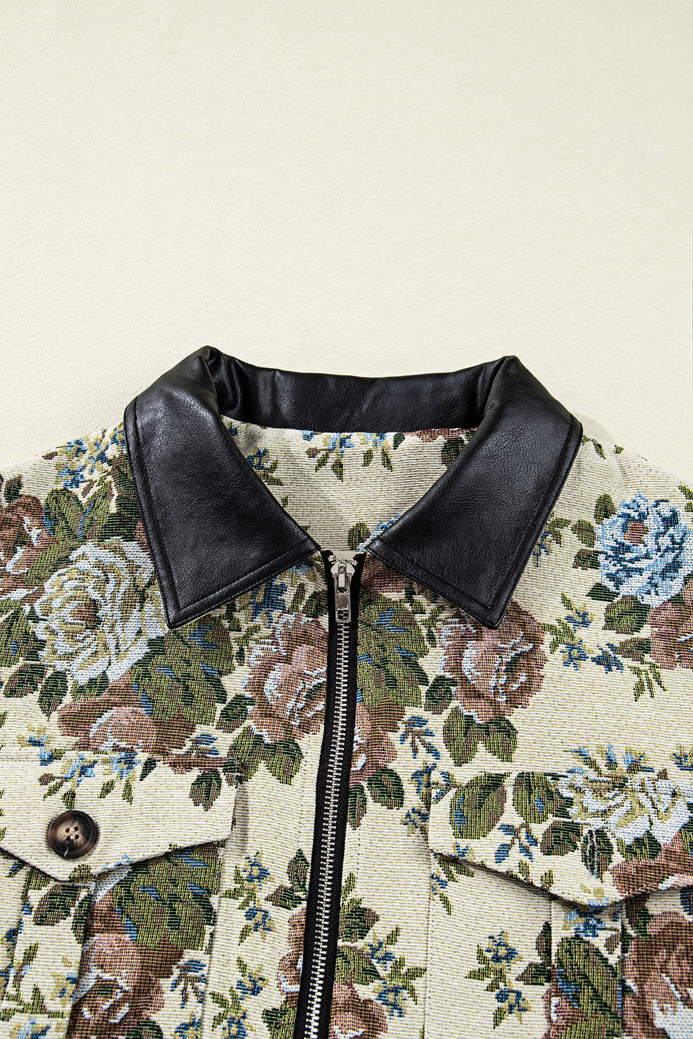 Khaki Floral Print Zip Up Contrast Collared Jacket - eAura