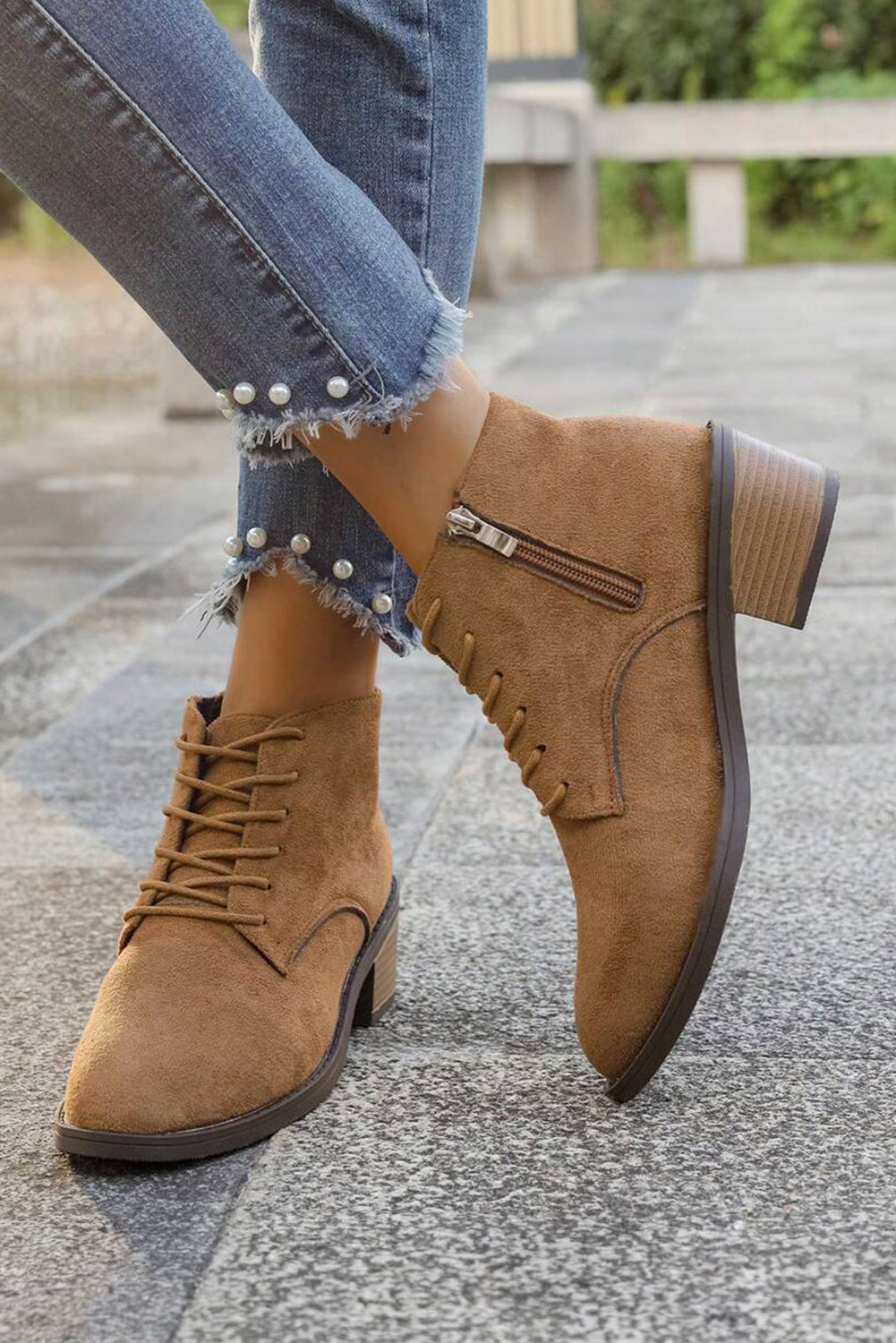 Chestnut Suede Zip Side Lace Up Ankle Boots - eAura