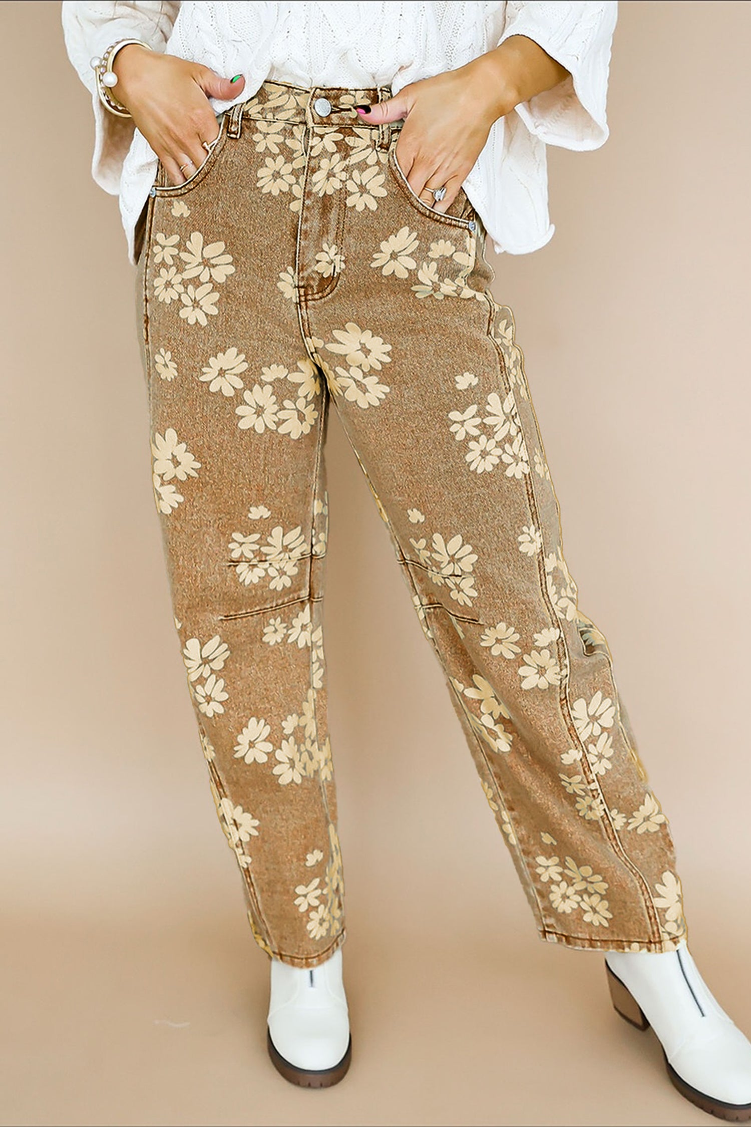 Floral Print Metal Button Pleated Straight Leg Jeans – Khaki