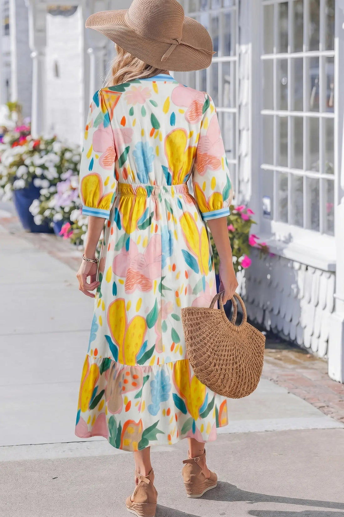Floral Doodle Print Striped Trim V-Neck Midi Dress
