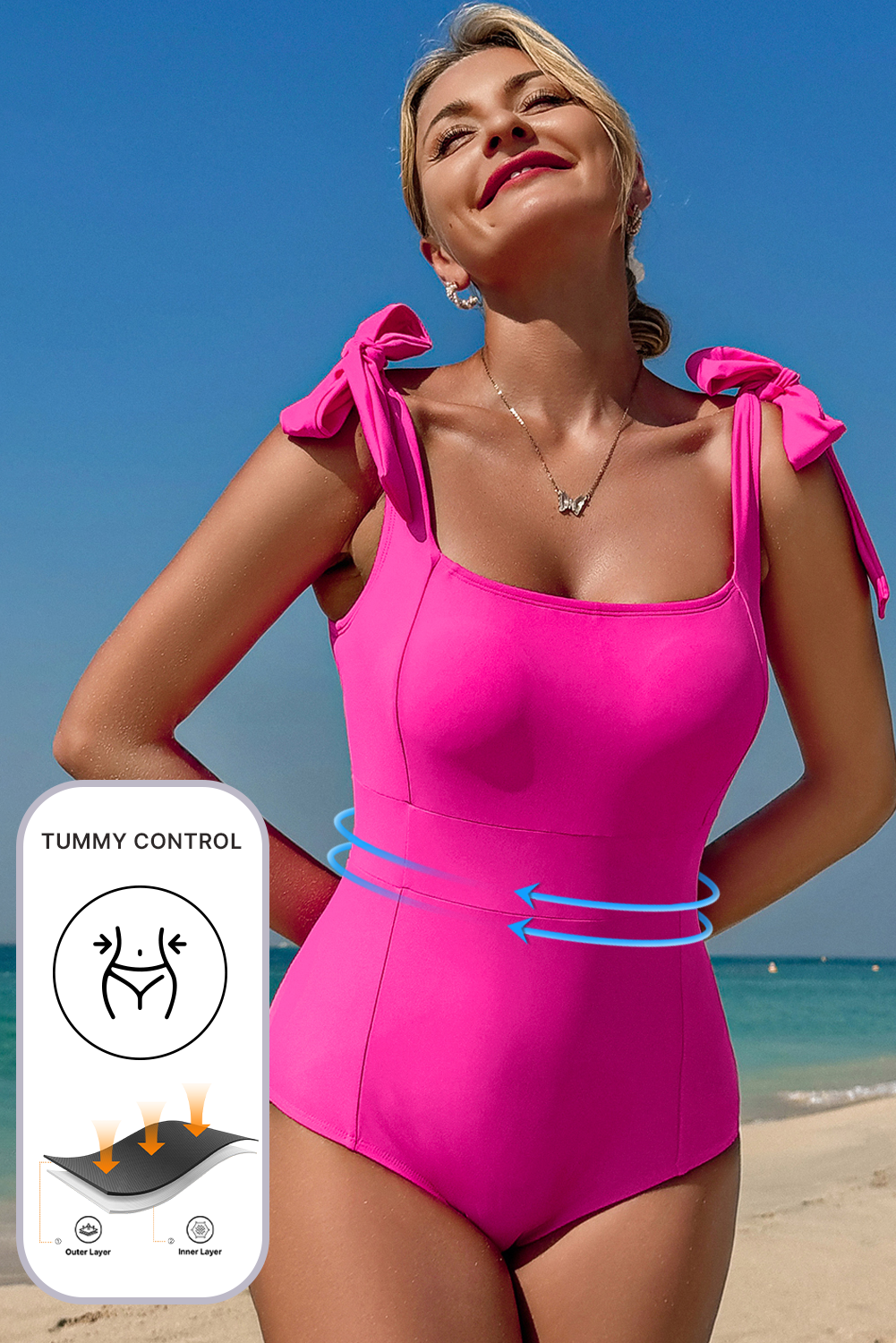Rose Red Square Neck Knotted Shoulder Open Back One Piece Swimsuit eAura