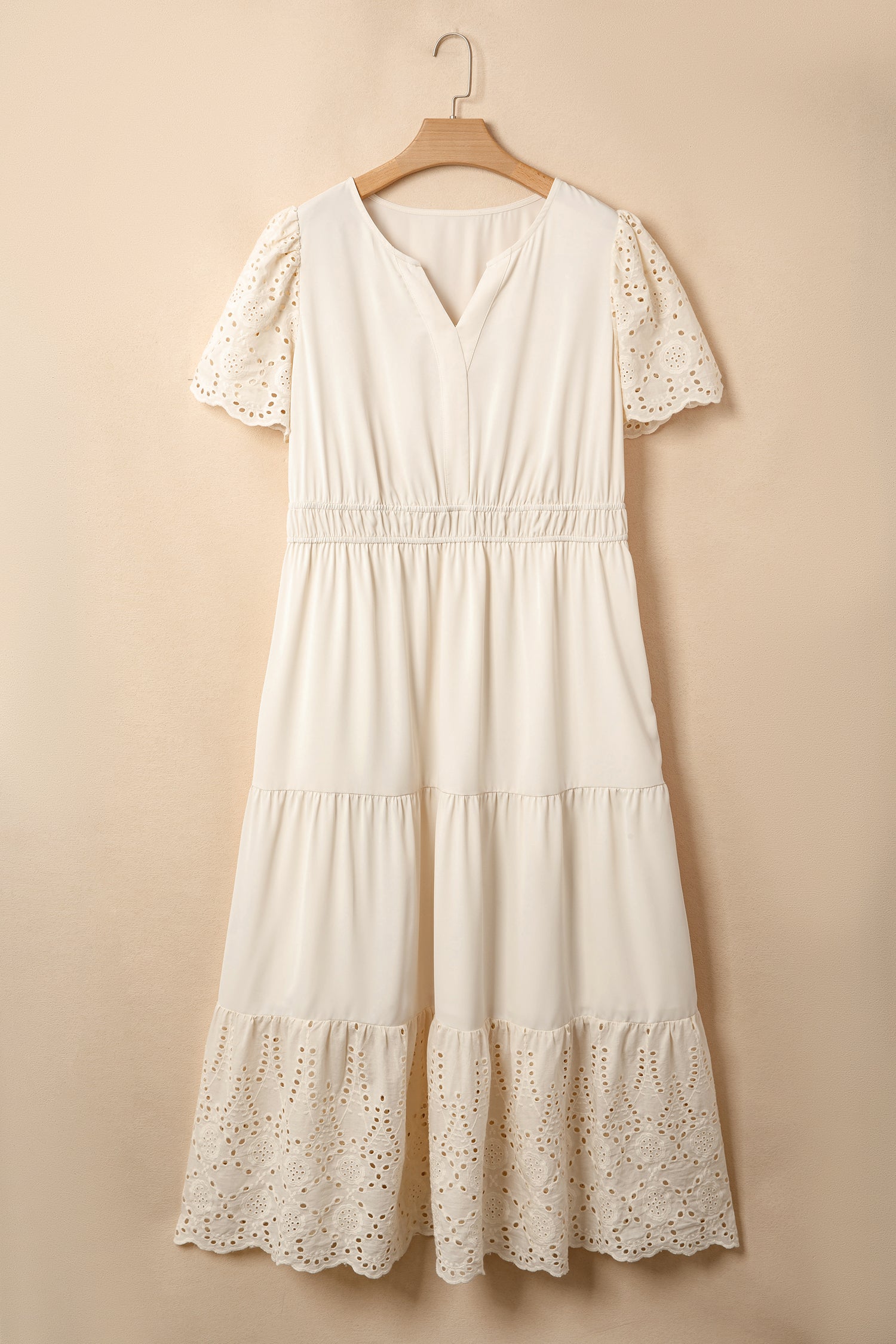 Apricot Plus Size V Neck Lacy Embroidery Patchwork Maxi Dress