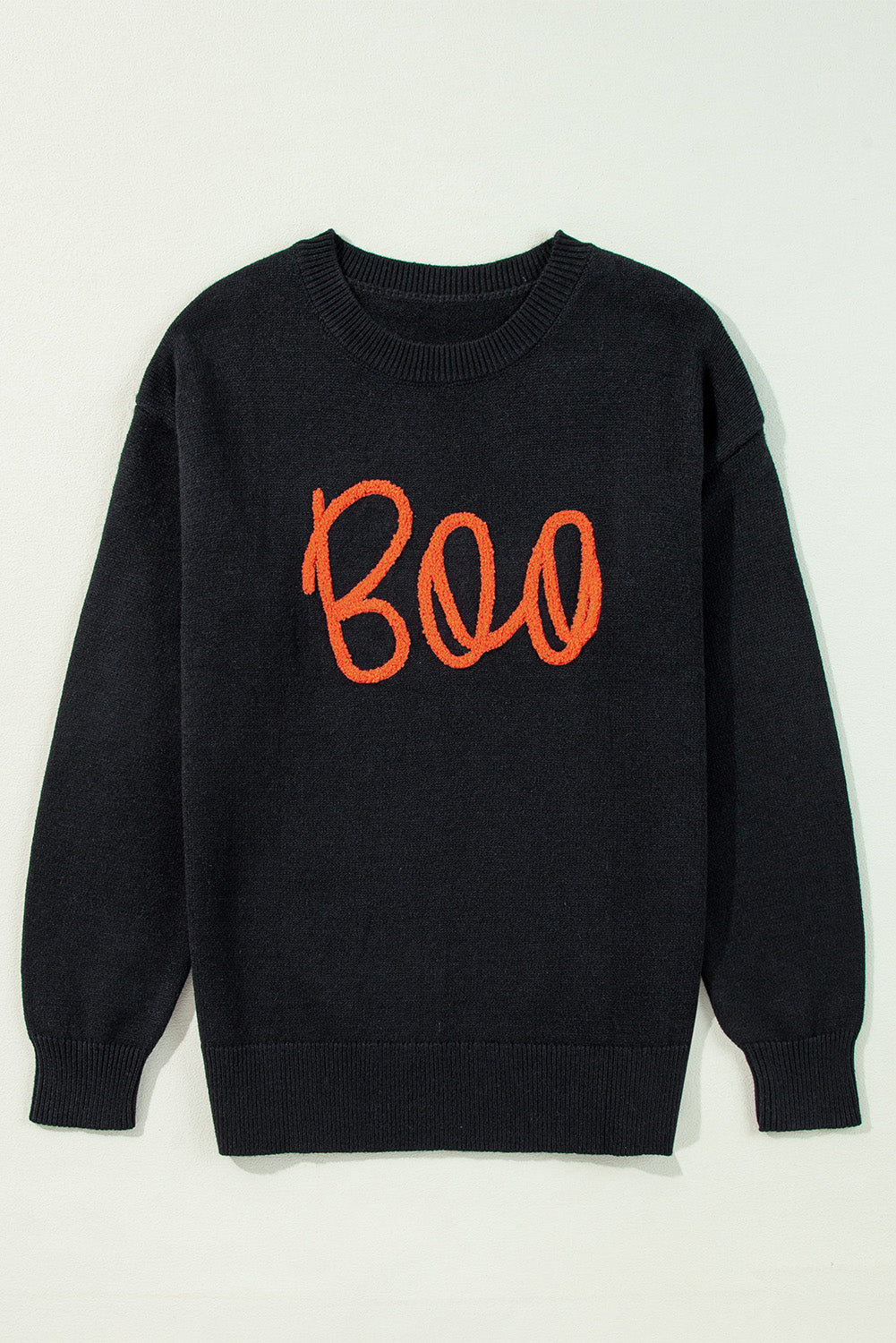 Black Boo Knitted Pattern Ribbed Edge Drop Shoulder Sweater eAura