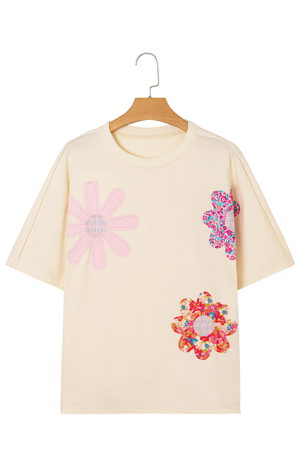 Apricot Flower Patched Exposed Stitching Trim Crew Neck Loose Tee eAura