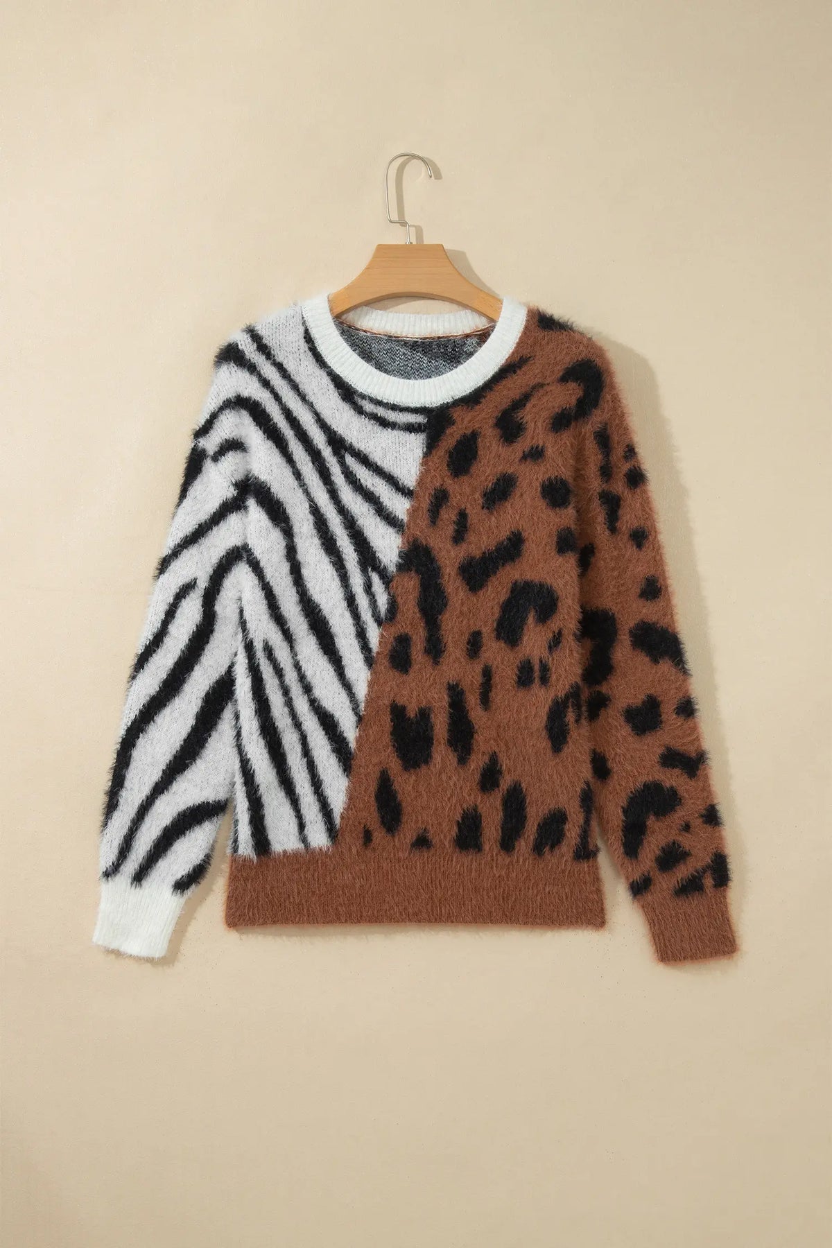 Western Leopard Zebra Print Long Sleeve Round Neck Sweater – Coffee