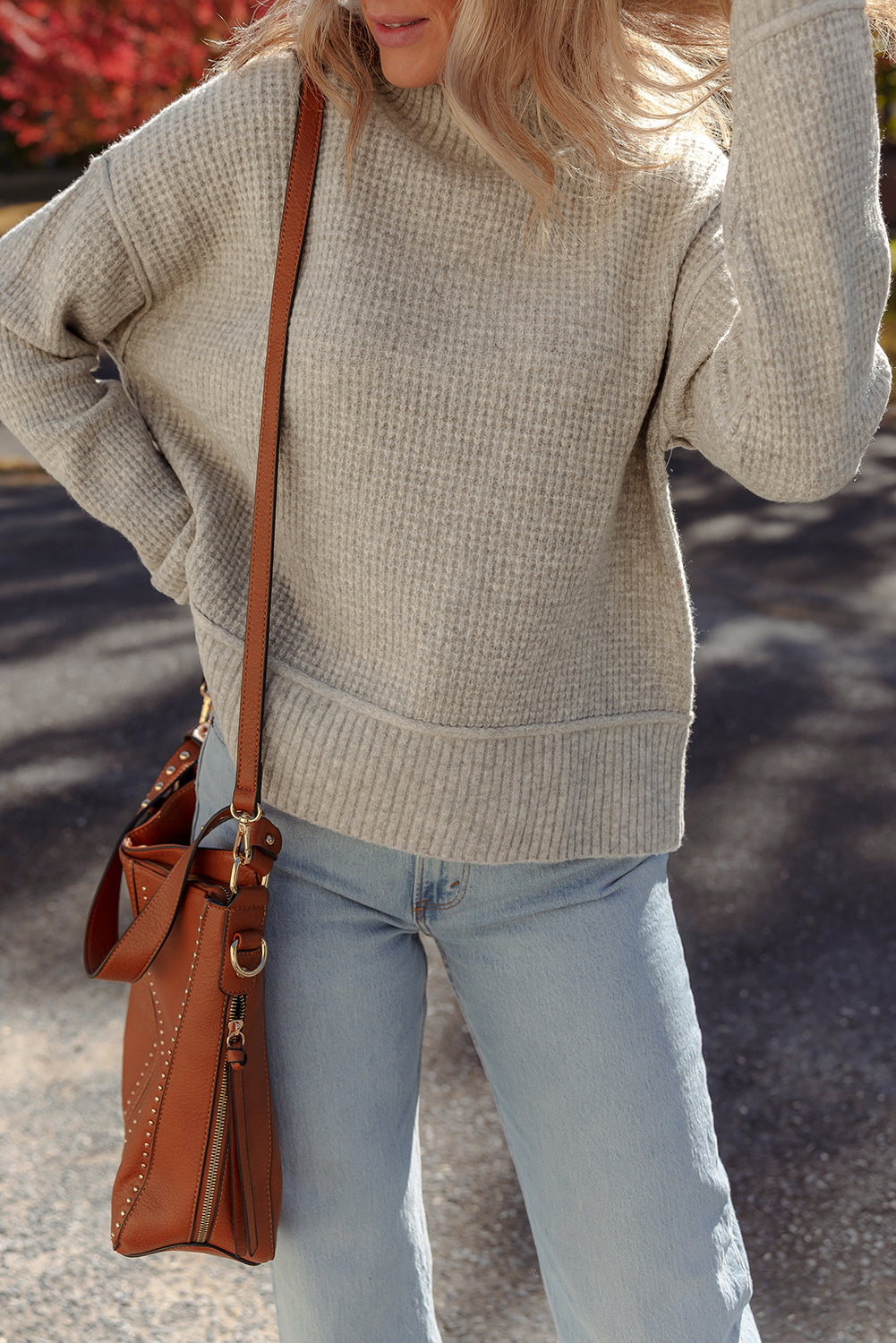 Waffle Texture Knit Ribbed High Neck Drop Shoulder Sweater - eAura