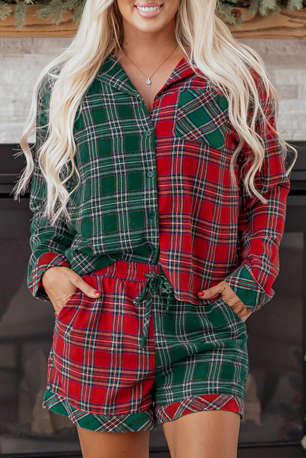 Plaid Contrast Christmas Holiday Long Sleeve Shirt and Shorts Pyjamas - eAura