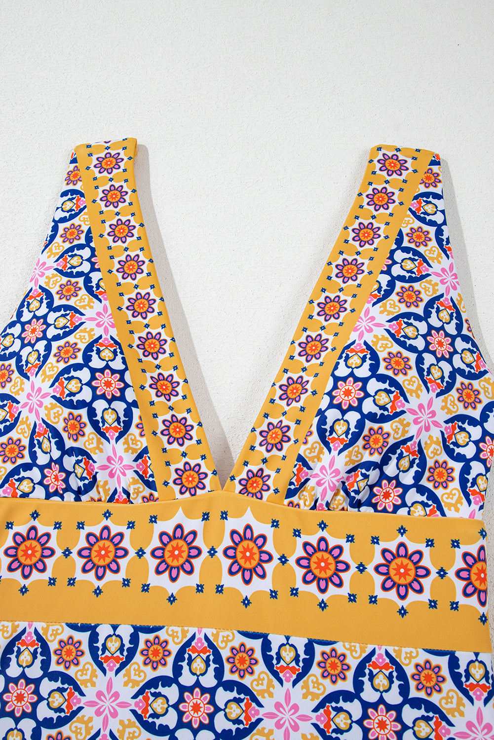Yellow Floral Print V Neck One Piece Swimsuit eAura
