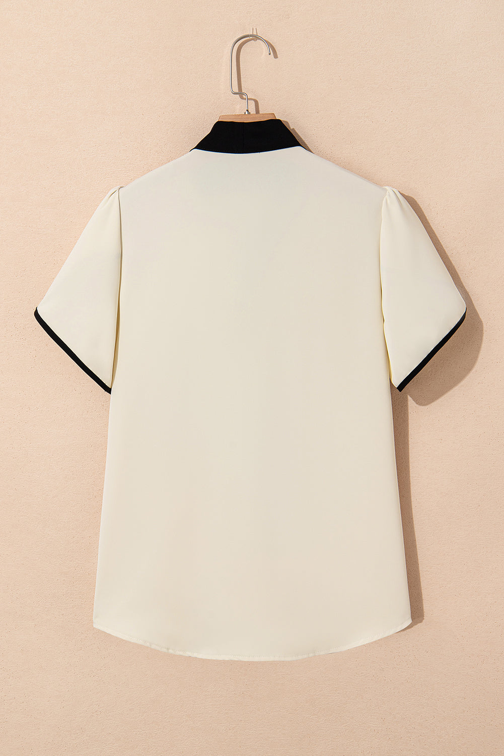 Bow Knot Neckline Contrast Stripe Short Sleeve Blouse eAura