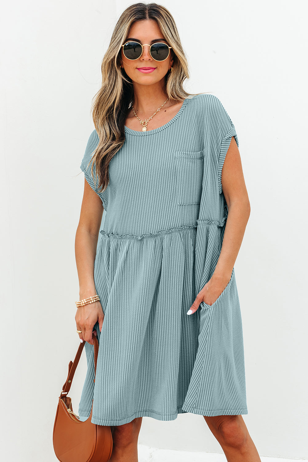 Canton Ribbed Knit Textured Patched Pocket Frilled Swing Mini Dress with Pockets eAura