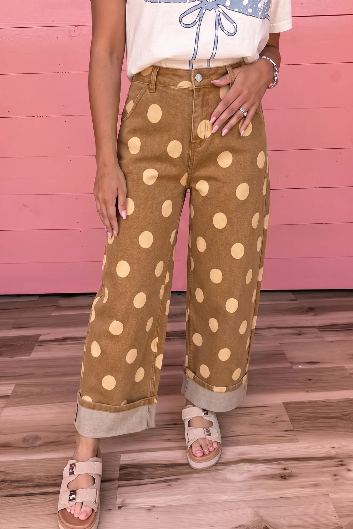 Polka Dot Ankle-Length Metal Button Casual Jeans – Brown