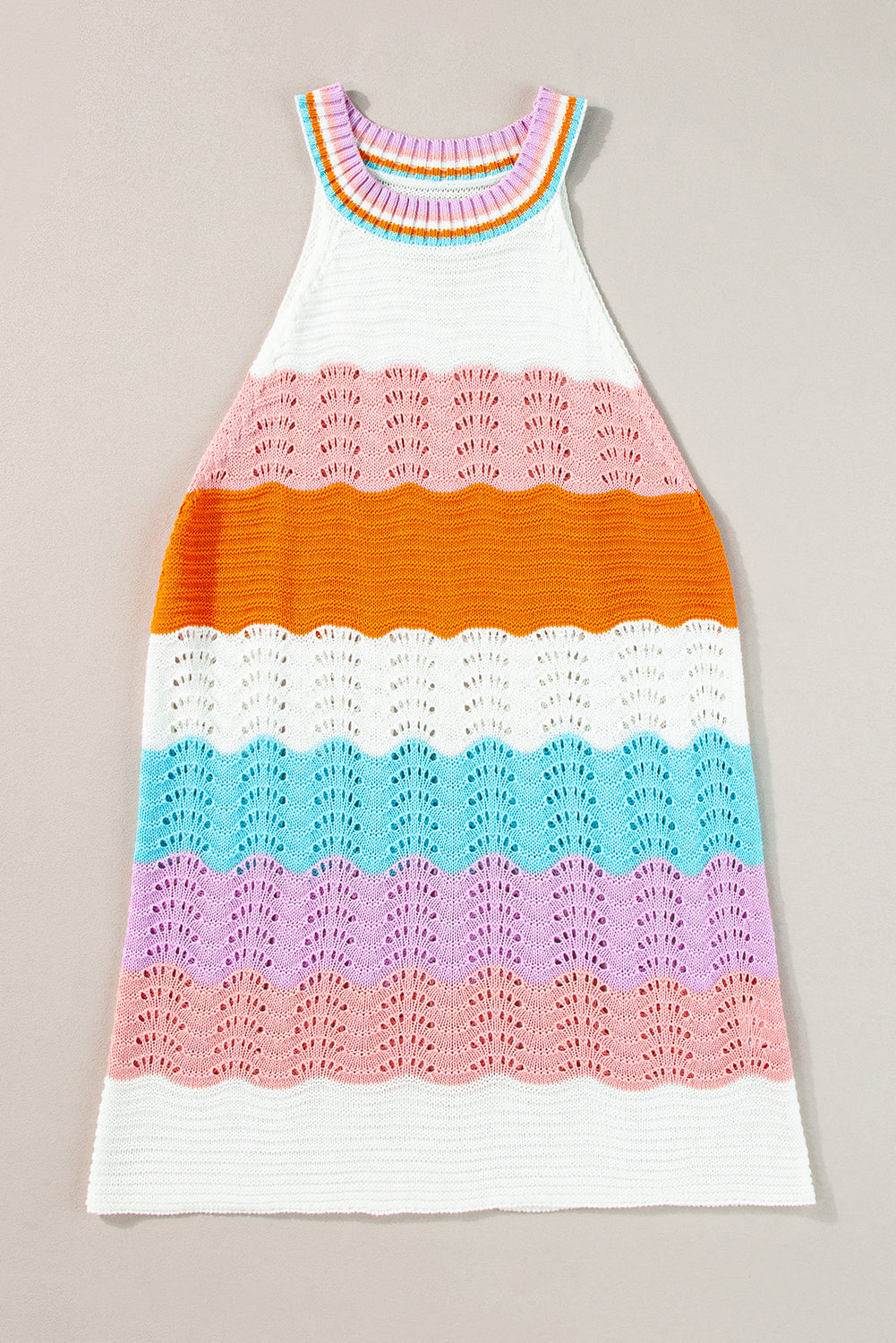 Multicolour Wavy Striped Print Textured Knit Sleeveless Sweater Top eAura