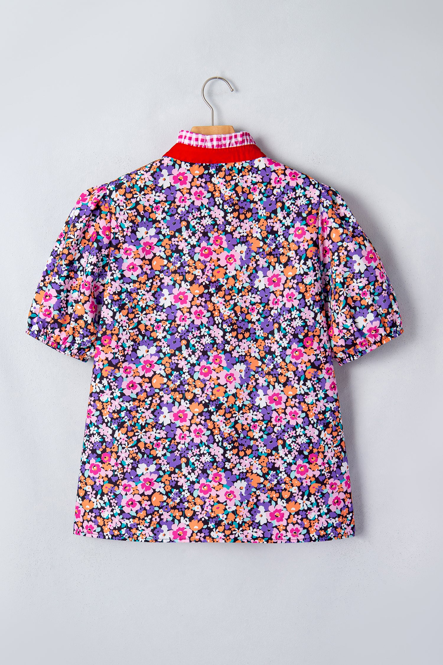 Ditsy Floral Print Plaid Colorblock Trim V Neck Blouse – Purple