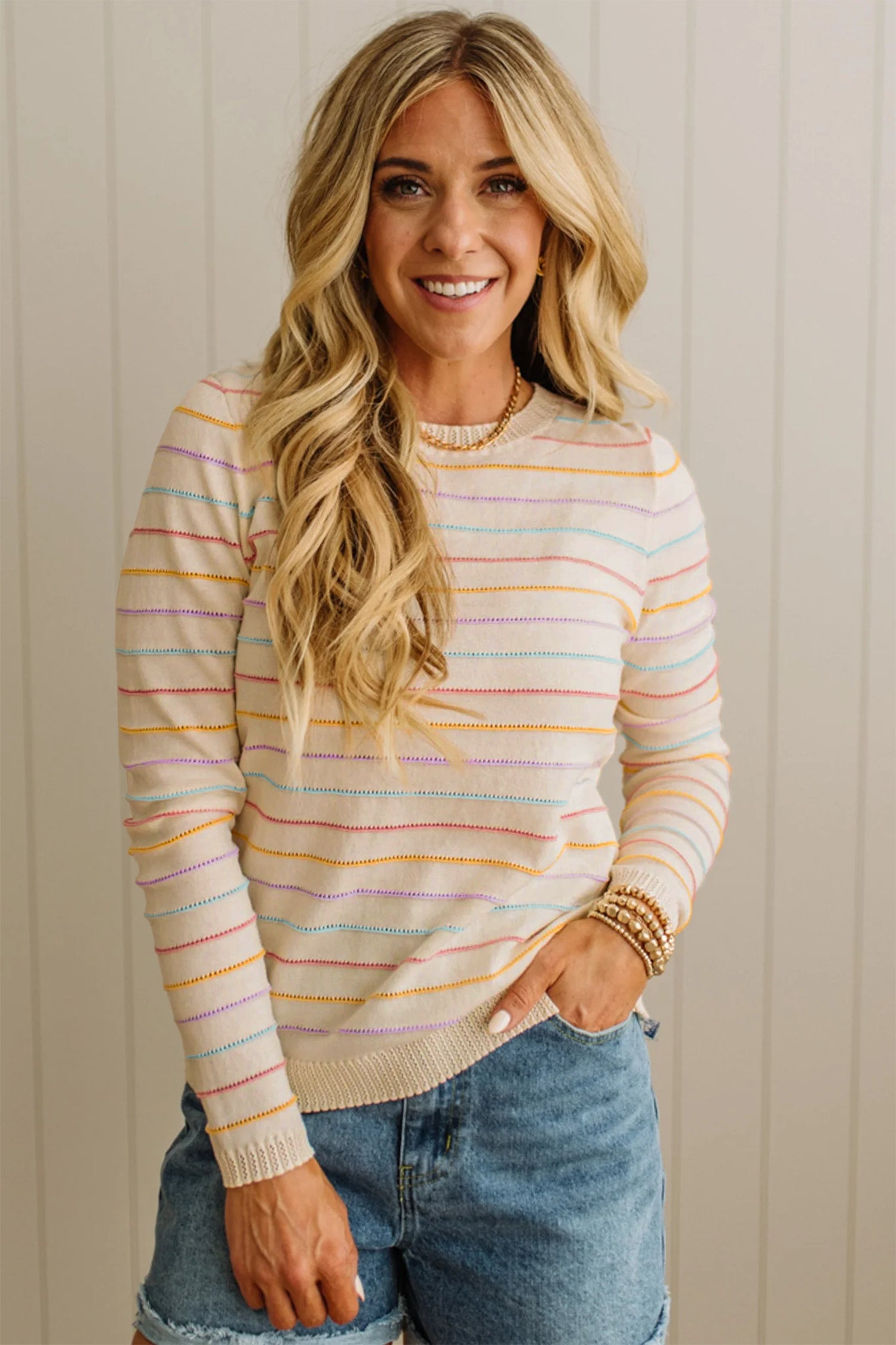Colorful Stripes Crew Neck Knit Sweater – Beige Stripe