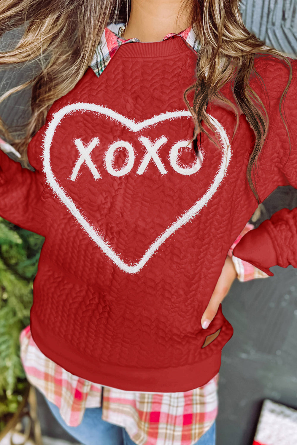 Racing Red Heart XOXO Chenille Embroidered Textured Sweatshirt eAura