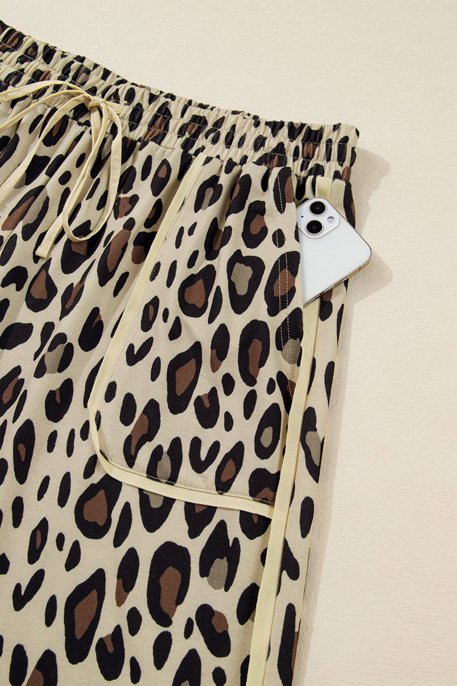 Exposed Seam Patched Pocket Plus Size Drawstring Leopard Wide Leg Pants