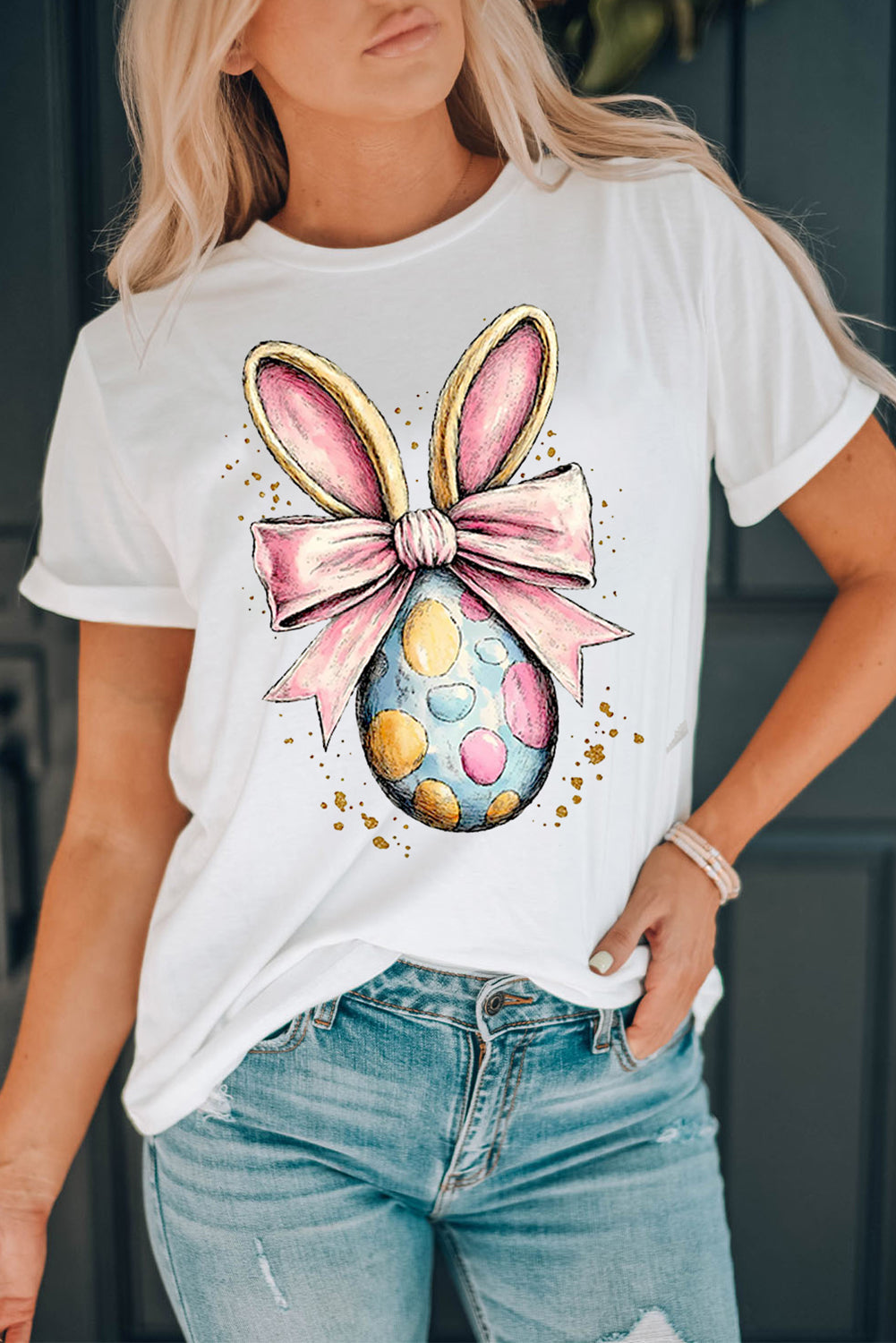 White Easter Egg Bow Bunny Ear Printed T Shirt eAura