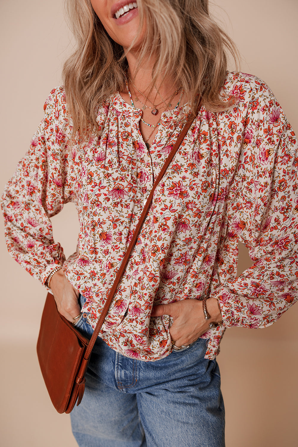 Red Floral Print Pleated Detail Notched Neck Puff Sleeve Blouse - eAura