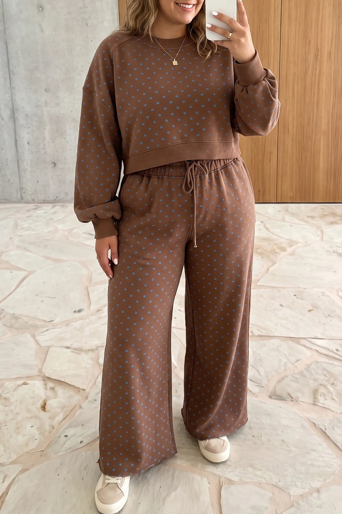 Polka Dot Round Neck Long Sleeve Plus Size Set – Brown