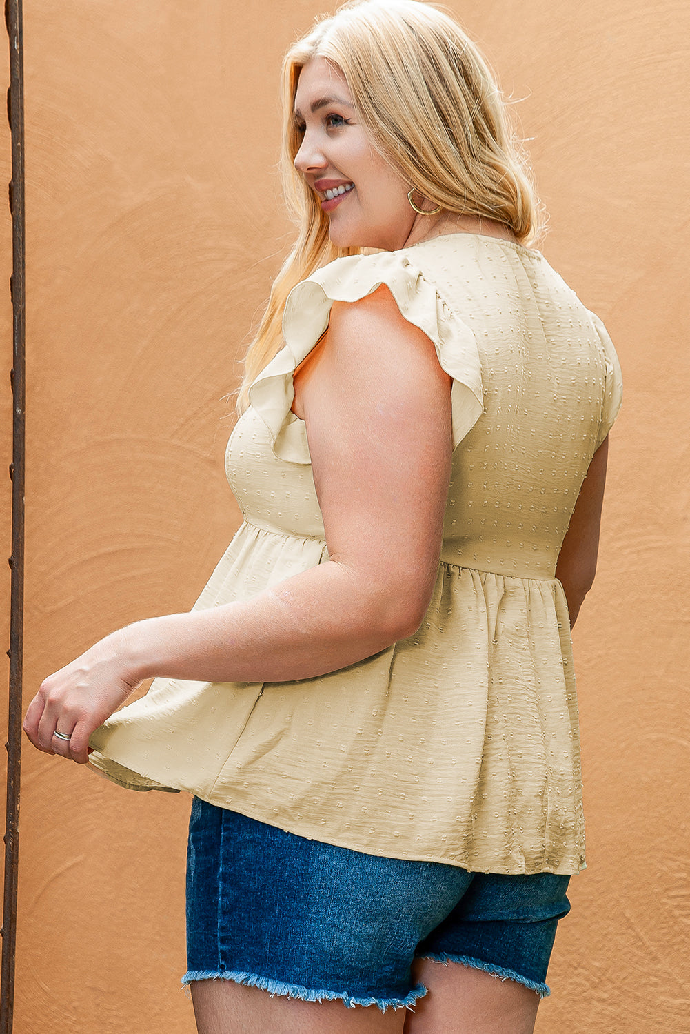 Golden Fleece Plus Size Swiss Dot Lace Trim Split Neck Babydoll Top BB Fashion Outlet