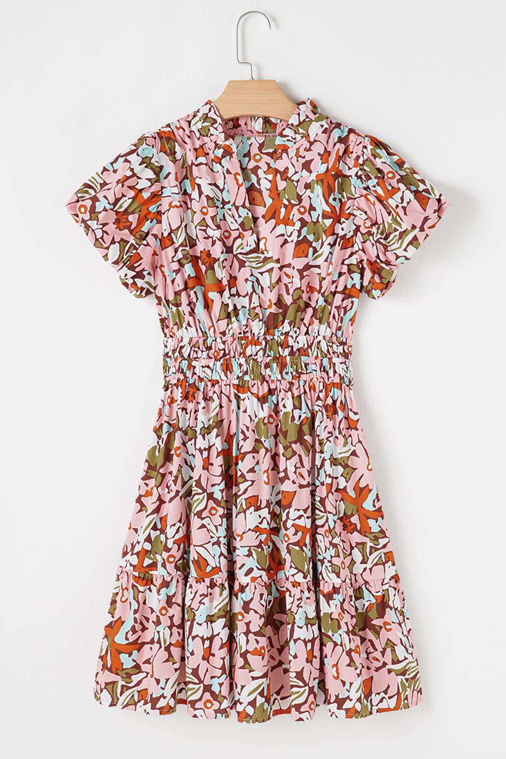 Pink Floral Print Puff Sleeve Shirred High Waist Mini Dress eAura