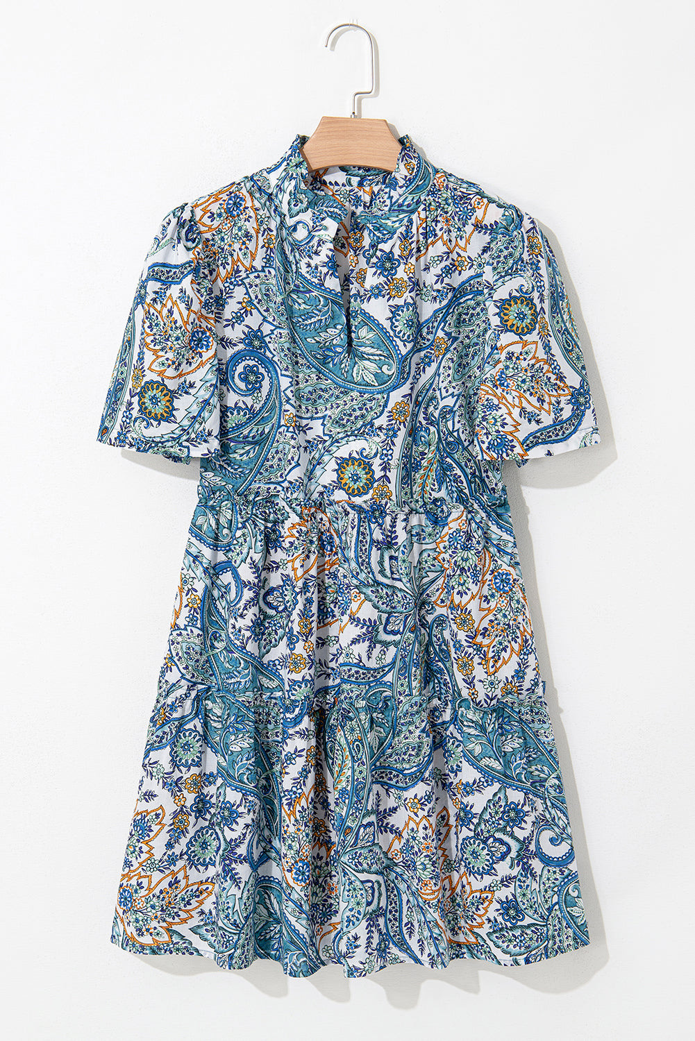 Blue Bohemian Paisley Floral V Neck Short Sleeve Mini Dress eAura