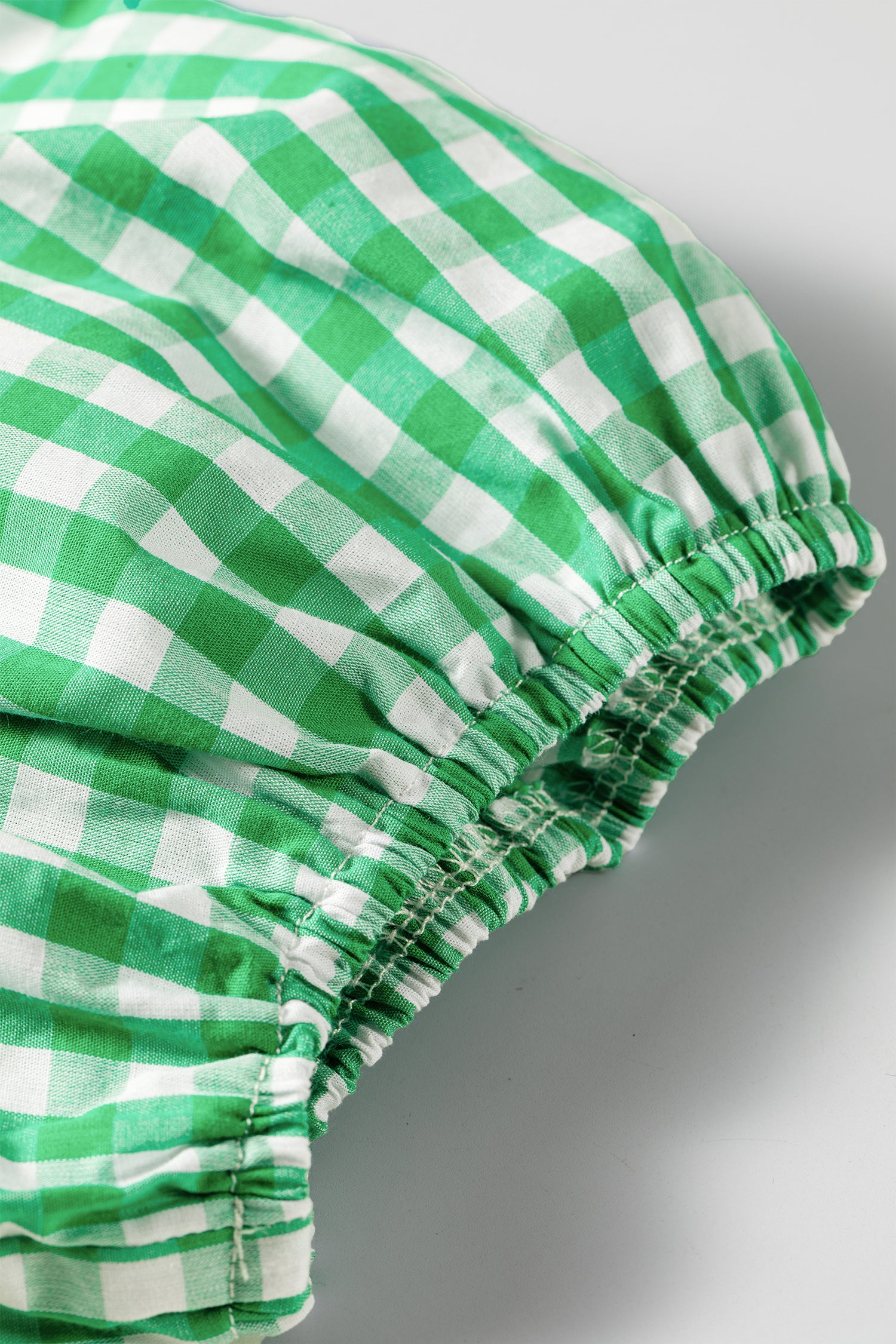 Gingham Plaid Bubble Sleeve Colorblock Trim V Neck Blouse – Green