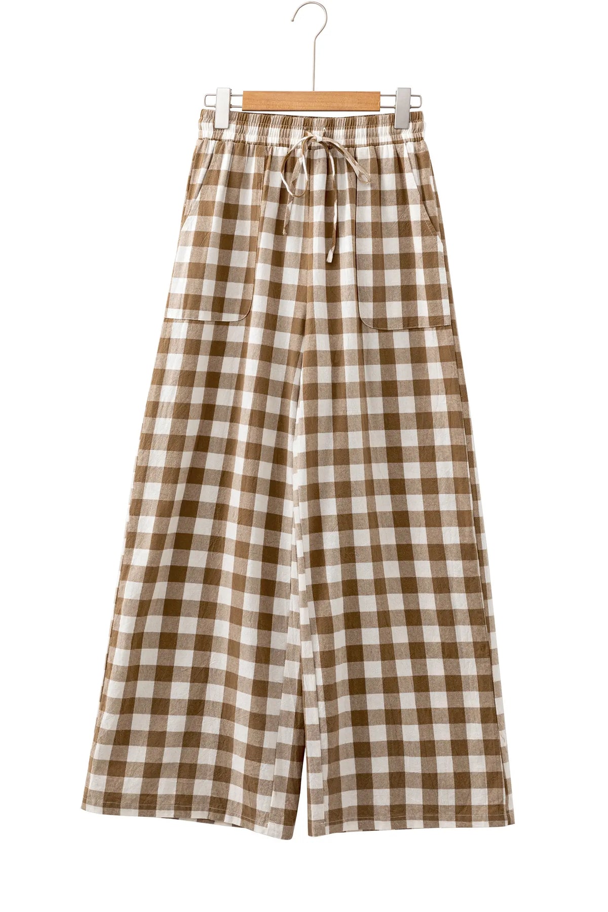 Gingham Plaid Tie Elastic Waist Shift Pants – Brown