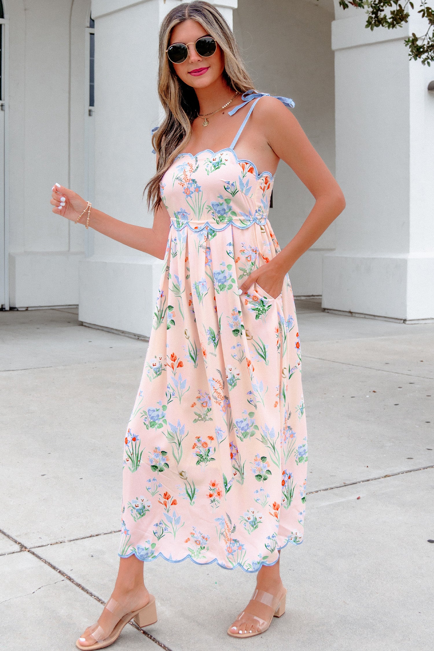 Floral Print Contrast Trim Self-Tie Straps Midi Dress