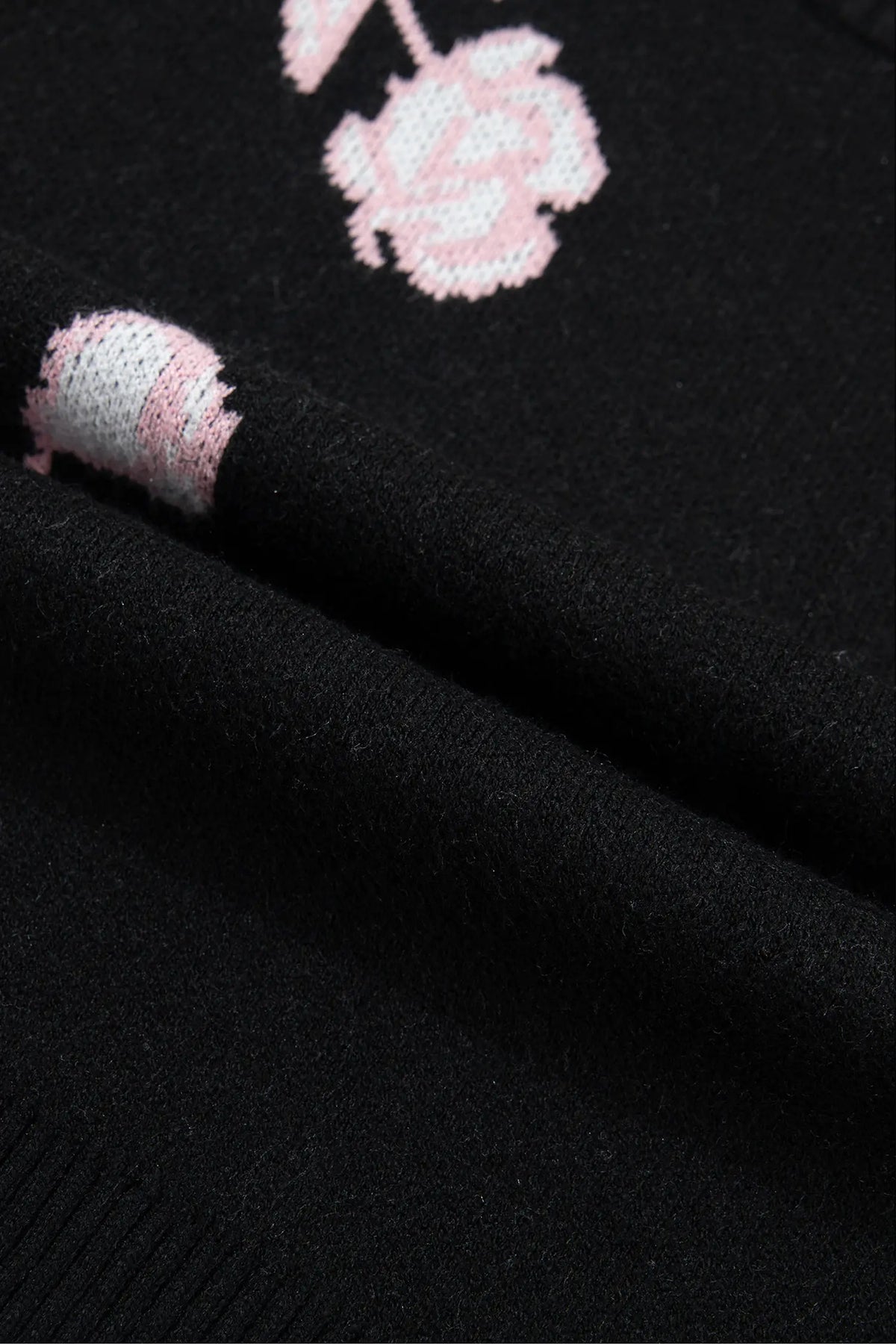 Floral Pattern Puff Sleeve Dropped Shoulder Pullover Sweater – Black
