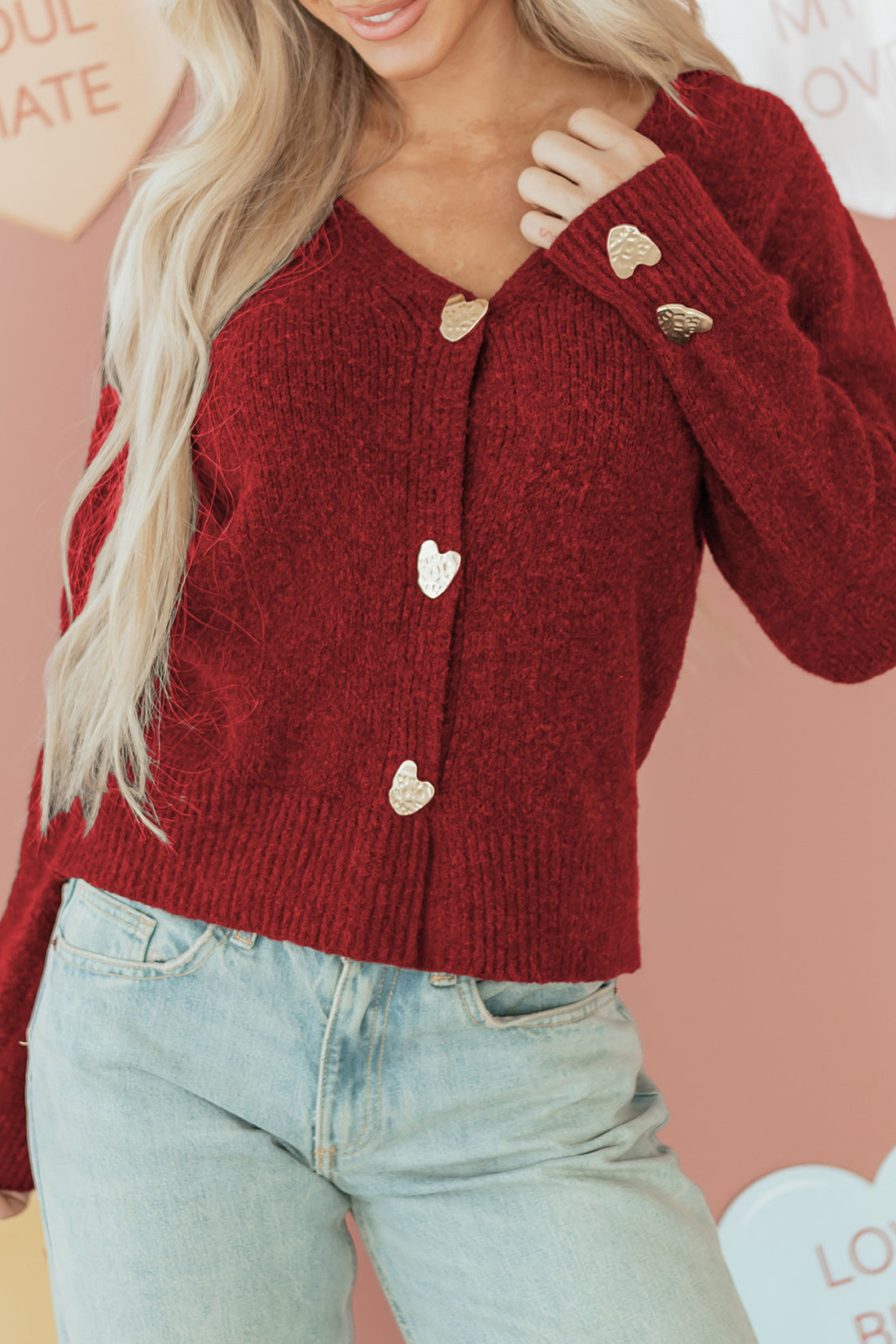 Heart Metal Button V-Neck Cardigan