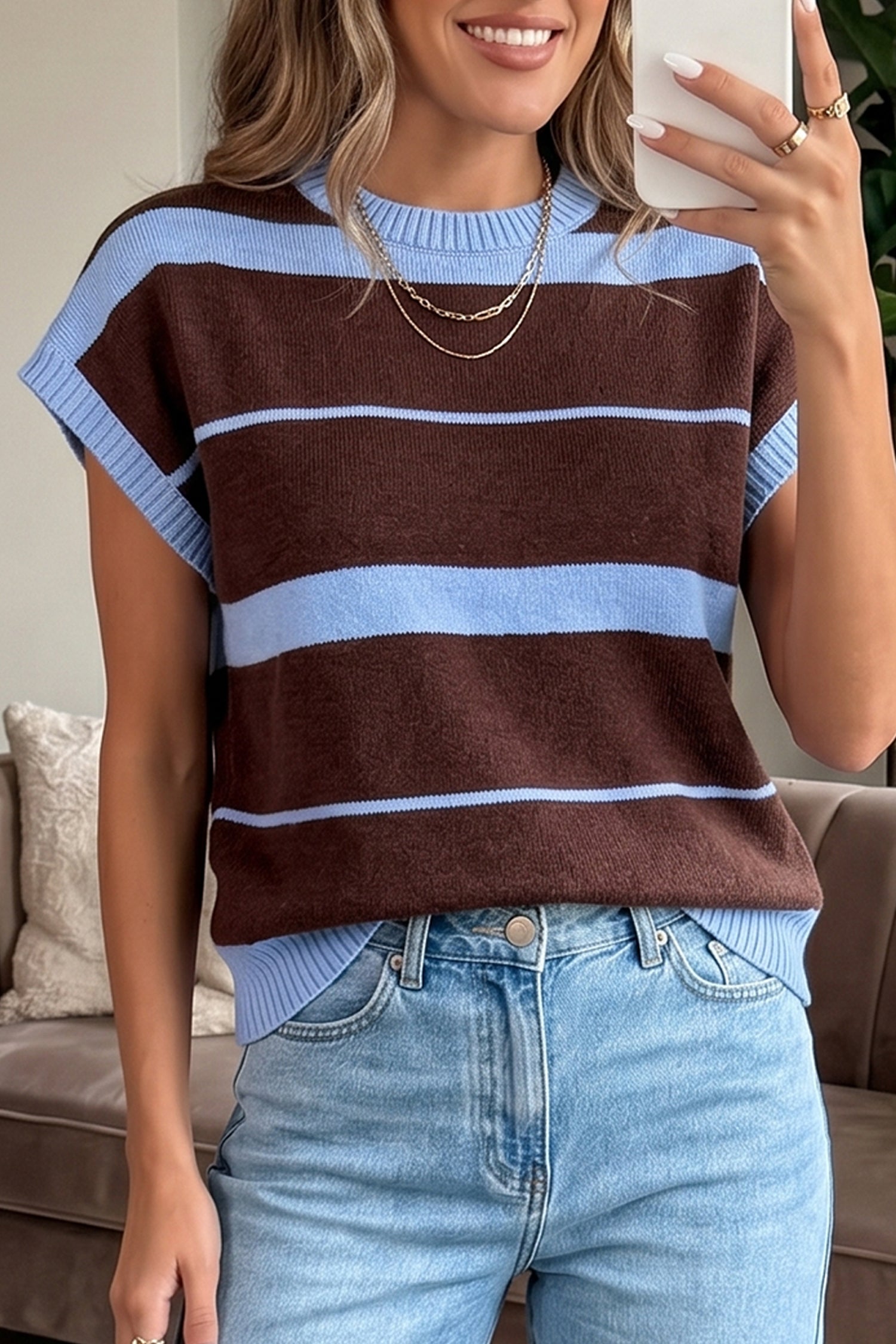 Striped Short Sleeve Round Neck Casual Knit Top – Sky Blue Stripe