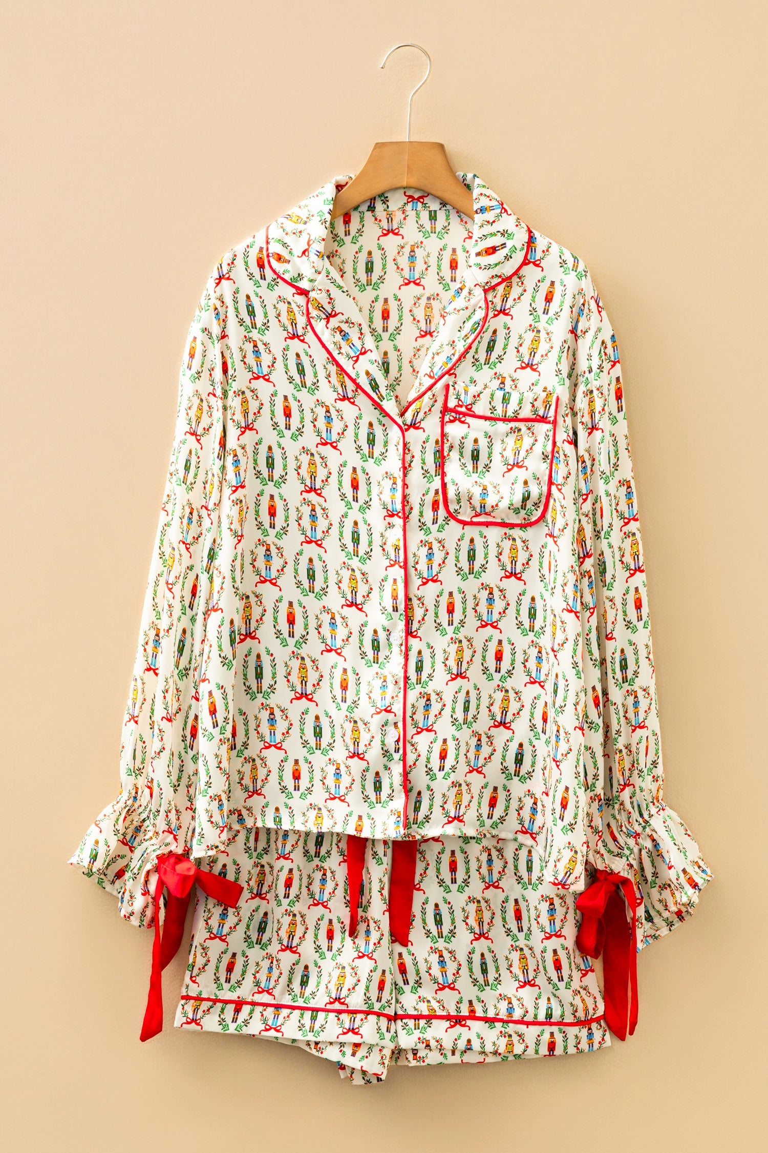 Nutcracker Print Contrast Trim Tied up Bow Silky 2pcs Pajama Set - eAura