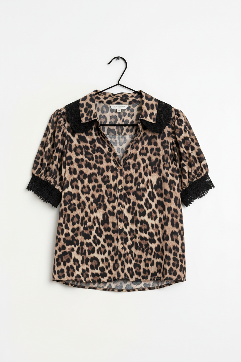 Brown Leopard Print Button Down Lace Trim Short Sleeve Shirt - eAura