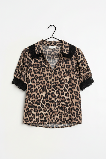 Brown Leopard Print Button Down Lace Trim Short Sleeve Shirt - eAura