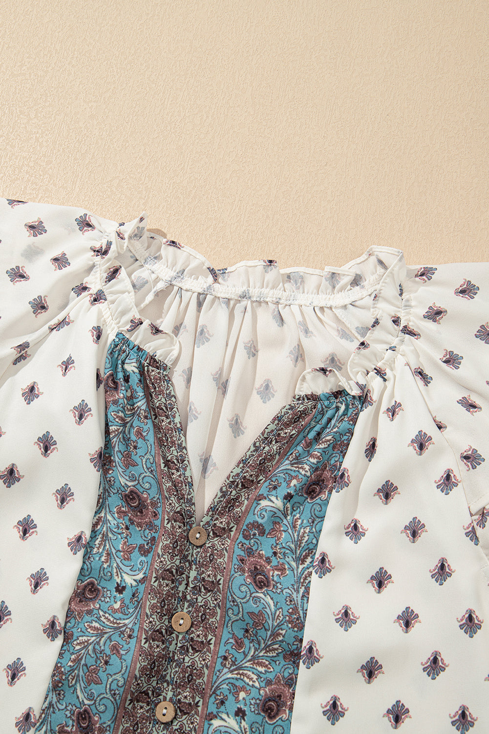 White Boho Pattern Tiered Ruffled Sleeve V Neck Buttoned Blouse eAura