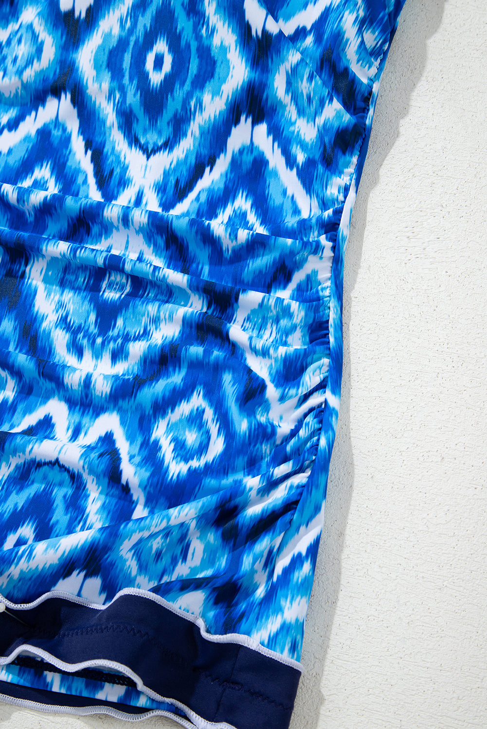Navy Blue Abstract Print Frilled Trim Spaghetti Straps Tankini Set eAura