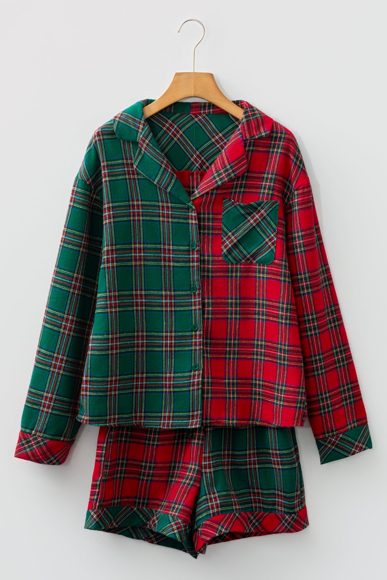 Plaid Contrast Christmas Holiday Long Sleeve Shirt and Shorts Pyjamas - eAura