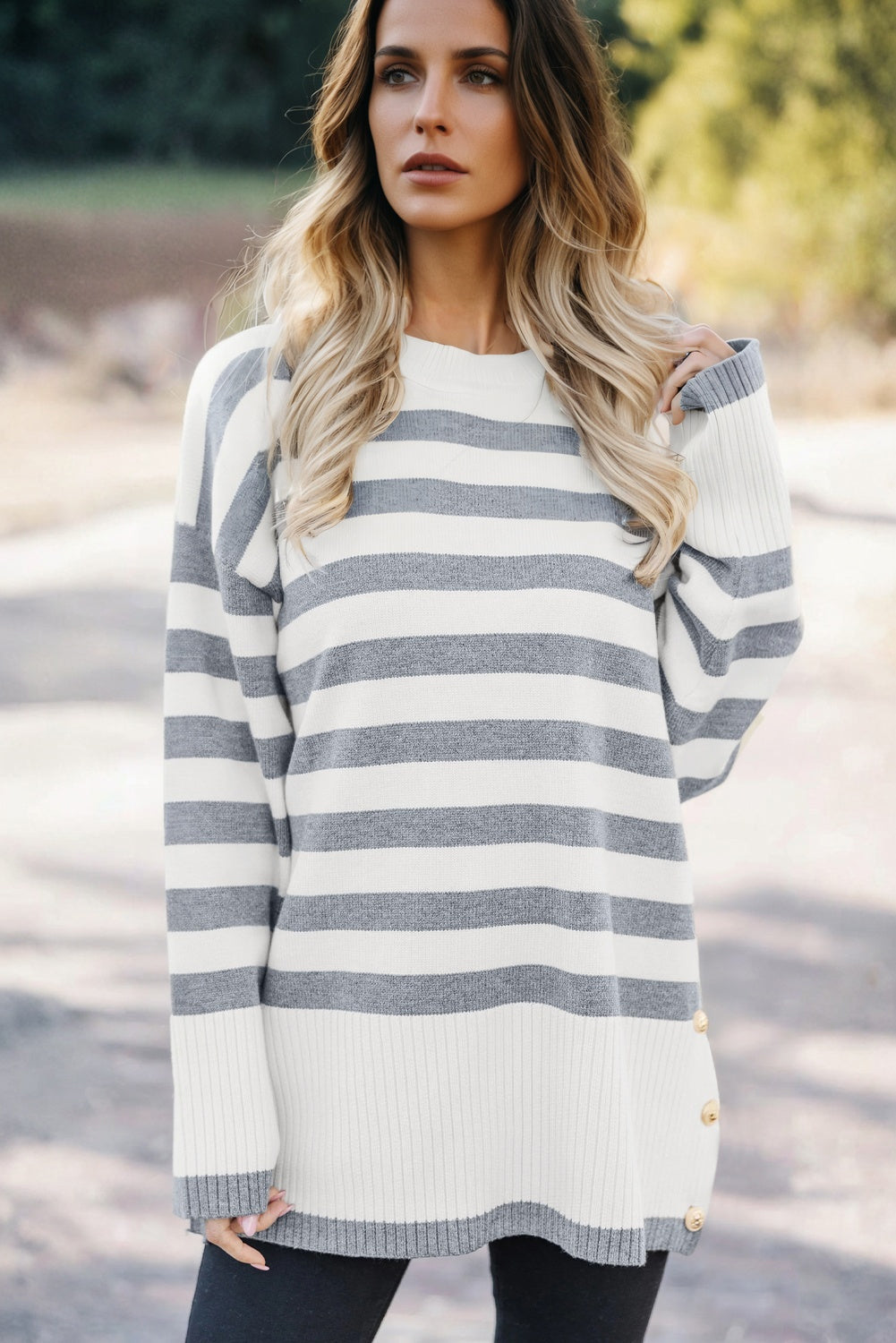 Grey Stripe Ribbed Buttoned Detail Drop Shoulder Tunic Sweater eAura