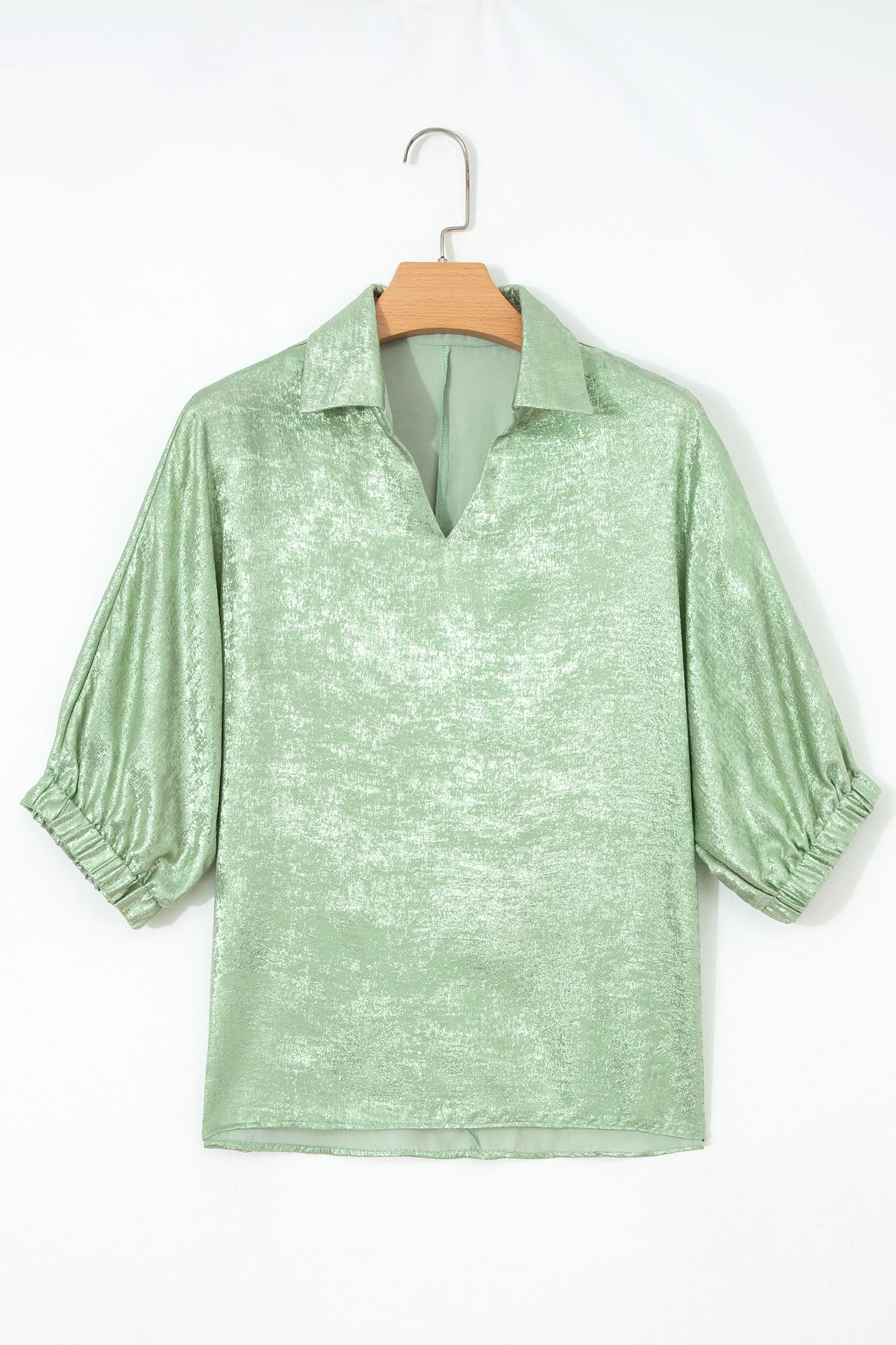 Collared V-Neck Half Sleeve Metallic Top