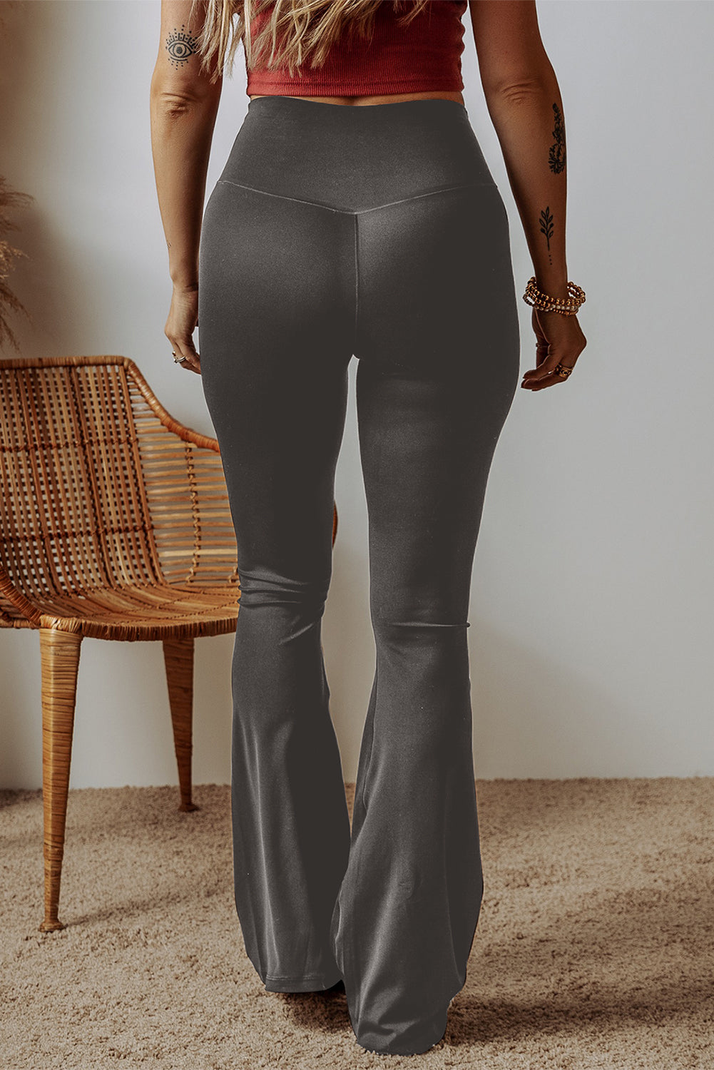 Dark Grey V Shape High Waist Flared Leggings BB Fashion Outlet