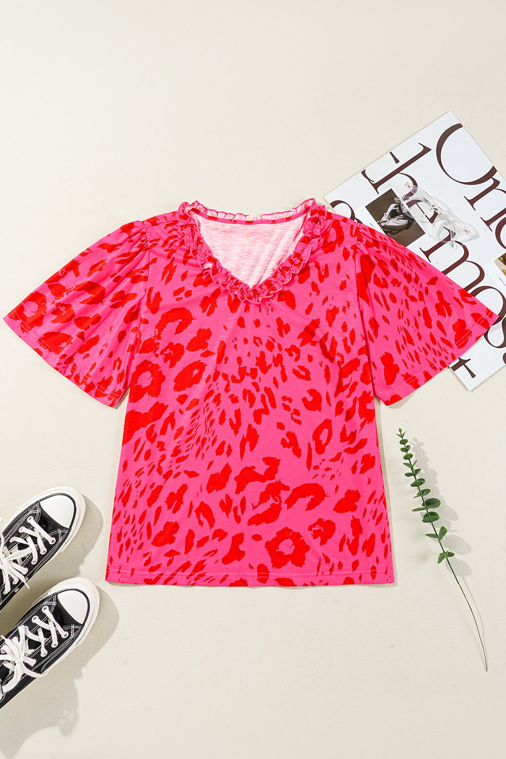 Rose Leopard Frilly V Neck Short Sleeve Blouse eAura