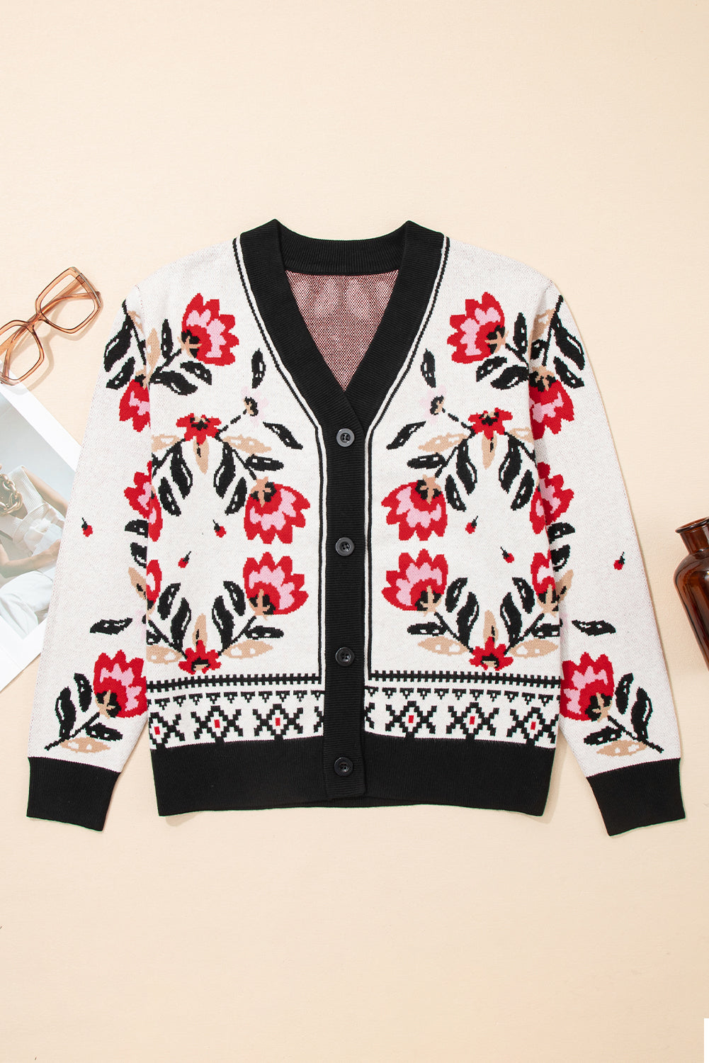 Floral Print Buttoned Front V-Neck Knit Cardigan eAura