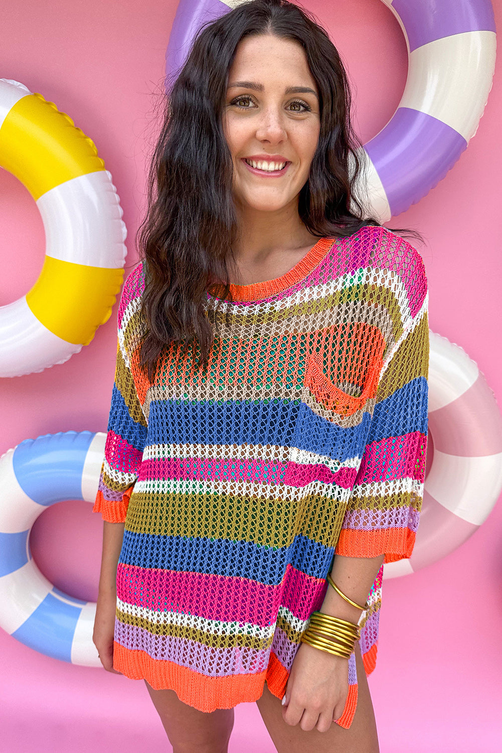 Pink Stripe Colourblock Hollowed Crochet 3/4 Sleeve Sweater eAura