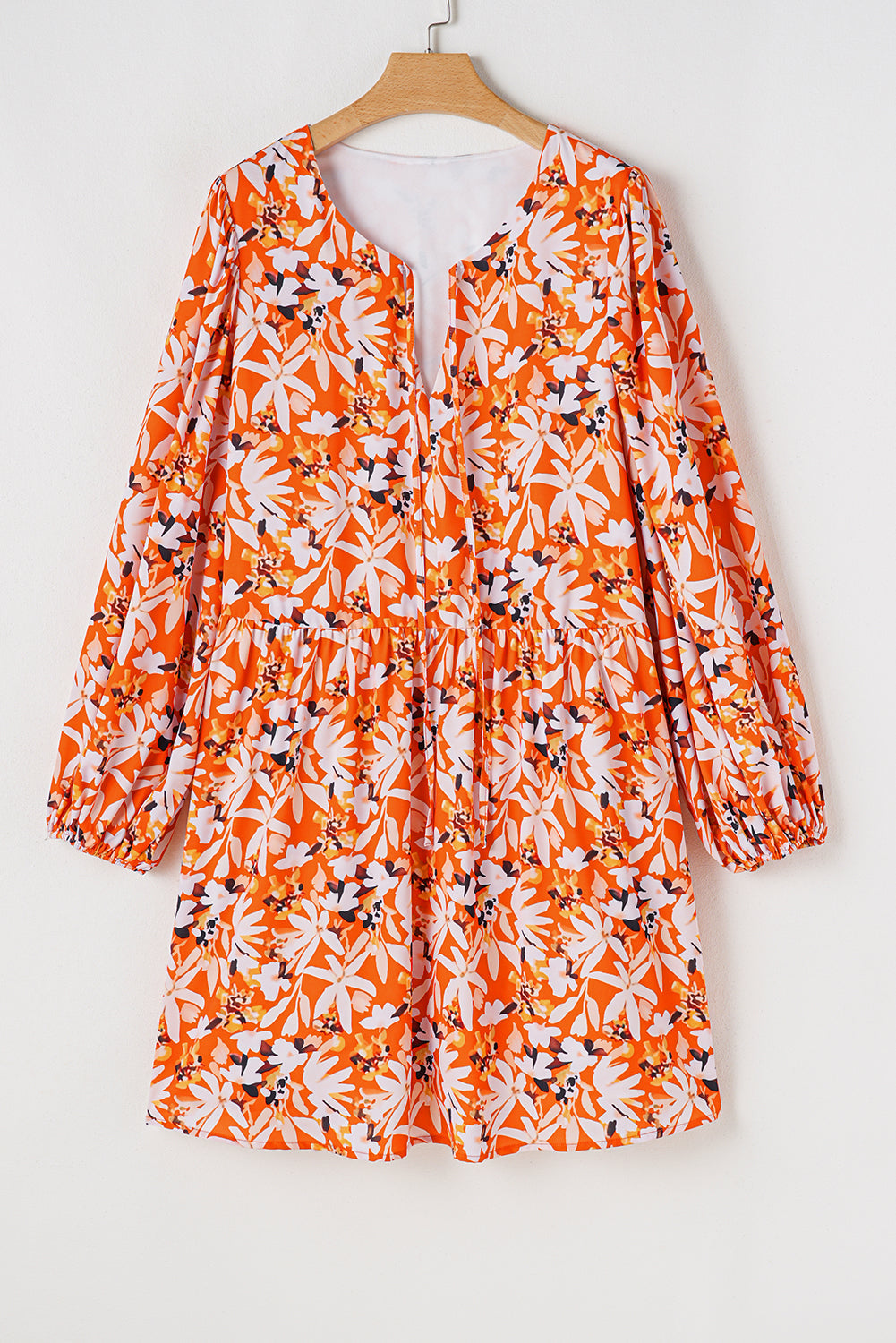 Orange Floral Print Split V Neck Bubble Sleeve Plus Size Midi Dress BB Fashion Outlet
