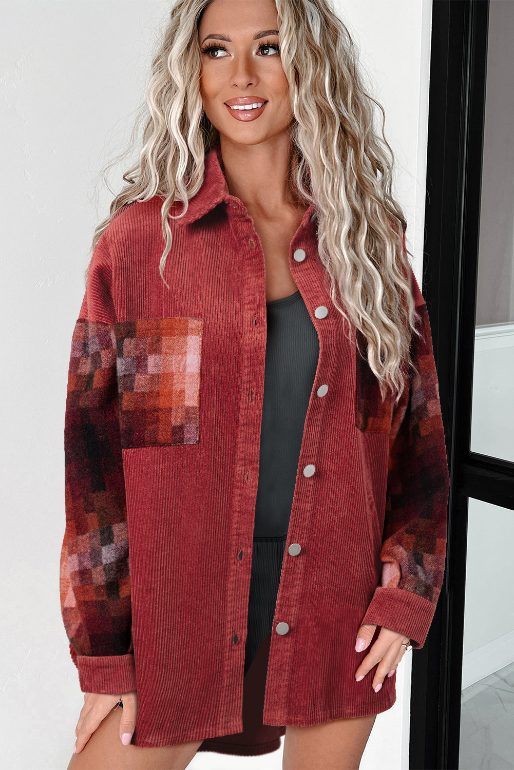 Gold Flame Checker Patchwork Raw Edge Oversized Corduroy Jacket eAura