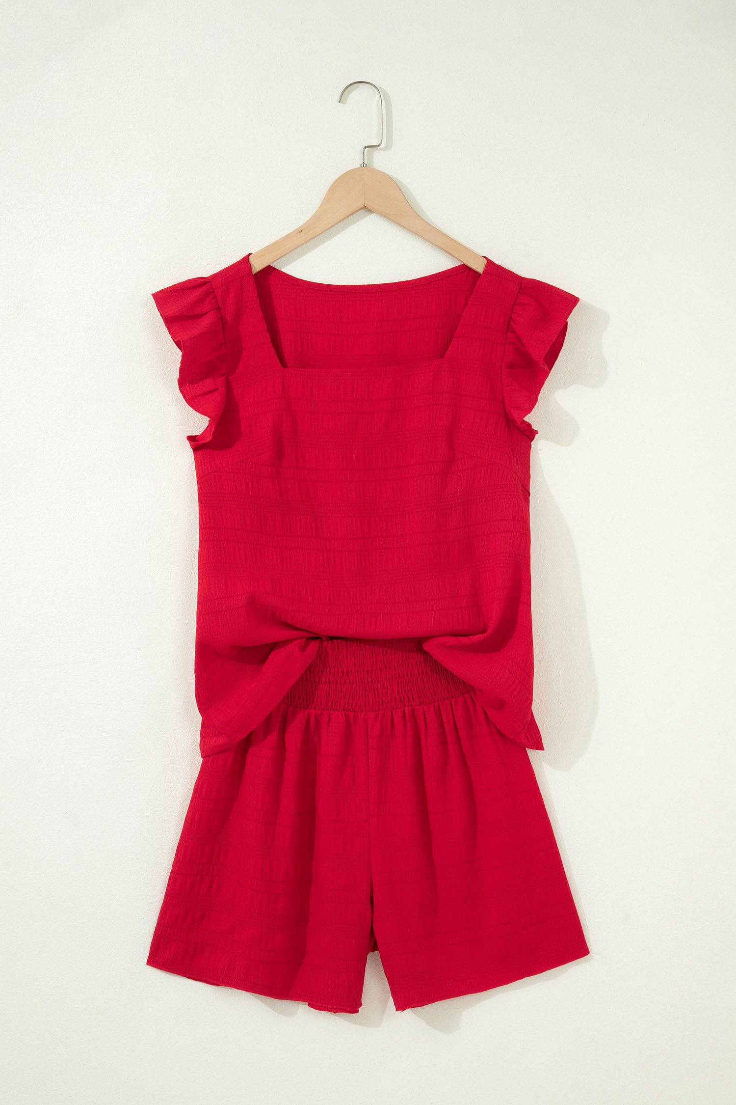 Textured Square Neck Top & Shirred High Waist Shorts Co-ord Set